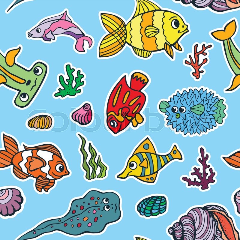 800x800 Sea Life Fish Seamless Pattern,background. Funny Cartoon Doodle