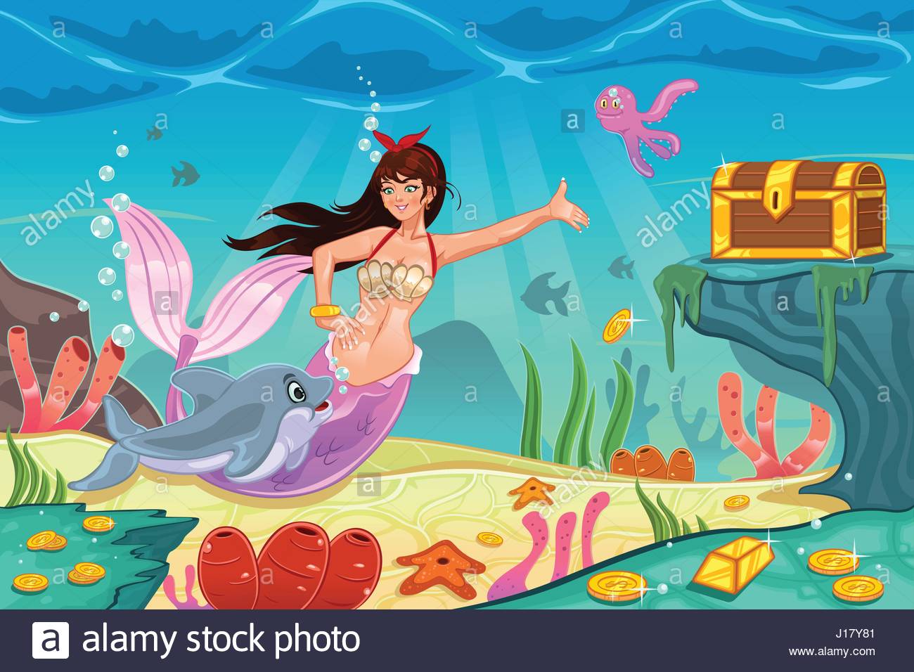 1300x956 A Vector Illustration Of Underwater Scene With Mermaid