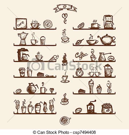 450x470 Kitchen Utensils On Shelves For Coffee House, Sketch Drawing