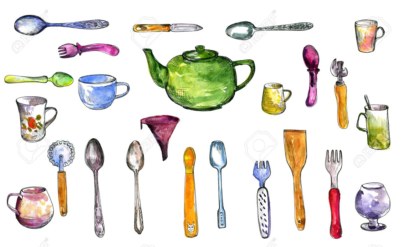 1300x795 Set Of Kitchen Utensils Drawing By Watercolor And Ink, Serving