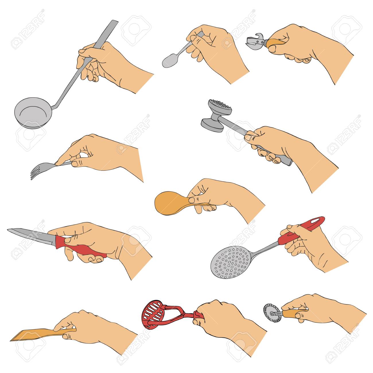 1300x1300 Vector Hands With Kitchen Utensils, Line Drawing Isolated Symbols