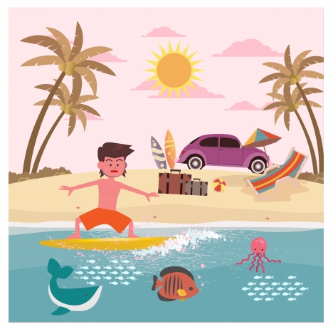 468x462 Summer Vacation On Sea Drawing With Joyful Man Vectors Stock