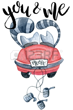 300x450 Watercolor Cats In Just Married Red Car, Hand Drawn Cartoon