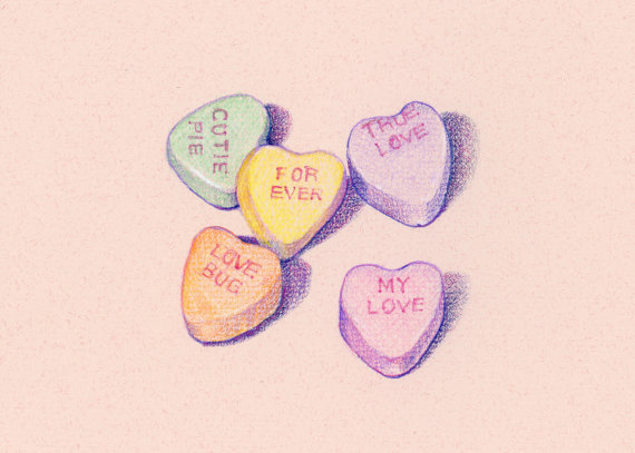570x407 Valentine Candy Hearts Archival Print Of My Colored Pencil