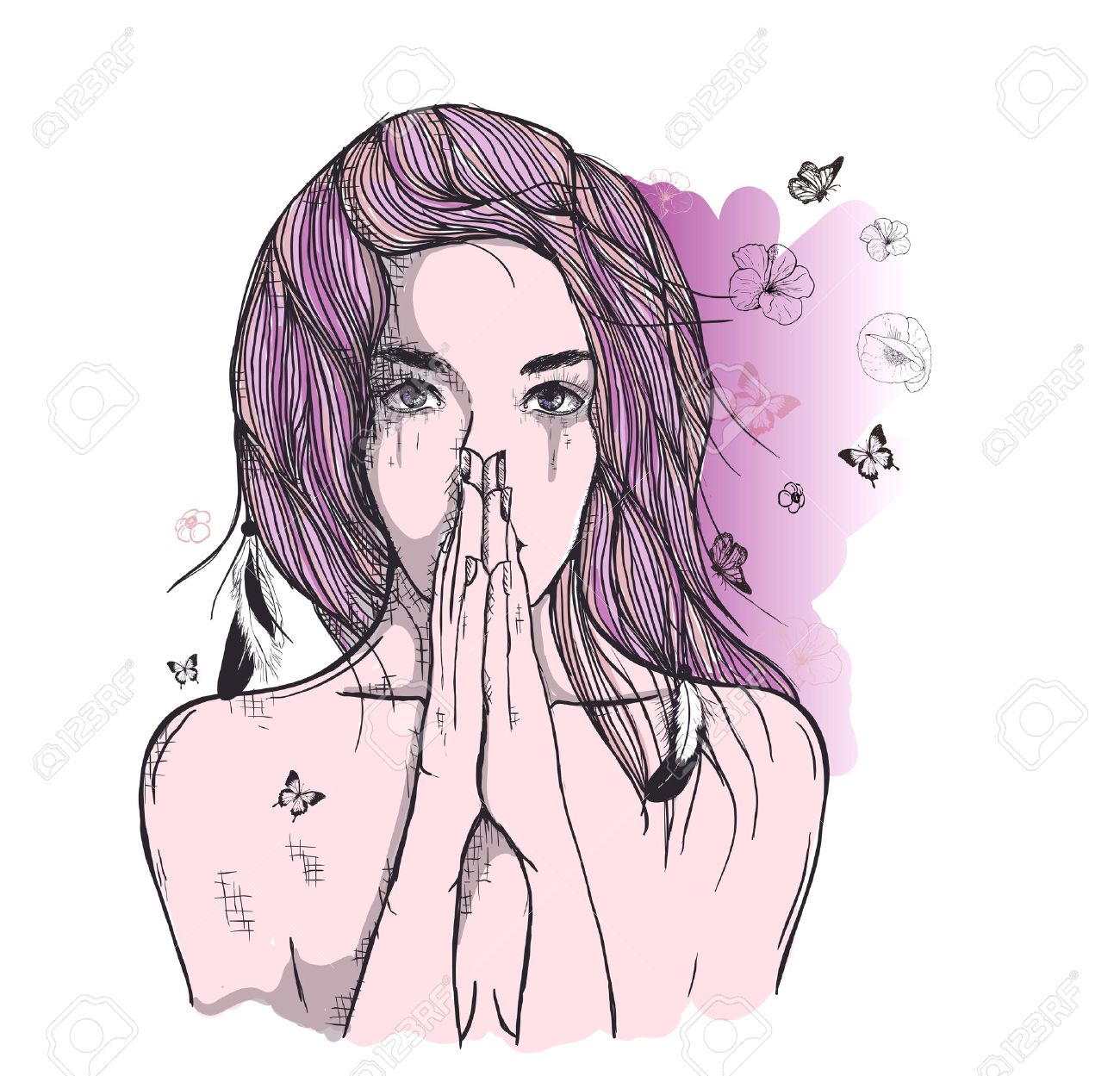 1300x1249 Vector Art Drawing, Portrait Of Sad And Depressed Girl, Thinking