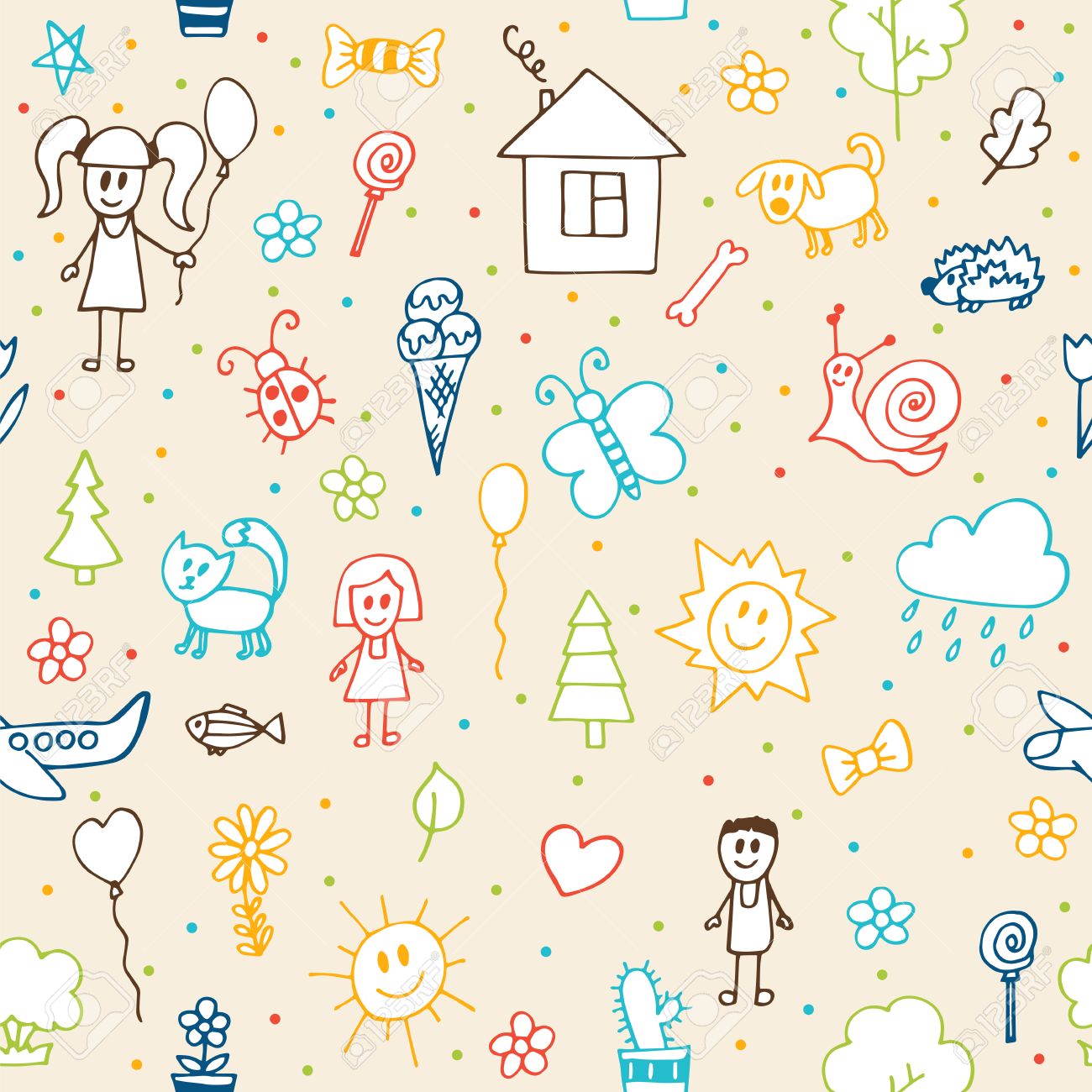 1300x1300 Hand Drawn Children Drawings Seamless Pattern. Doodle Children