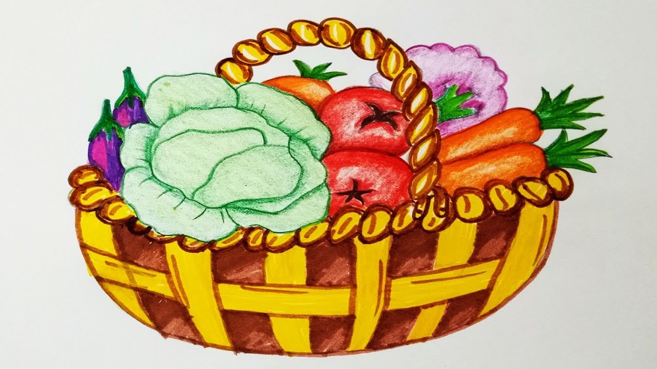 1280x720 How To Draw A Vegetables Basket.step By Step(Easy Draw)