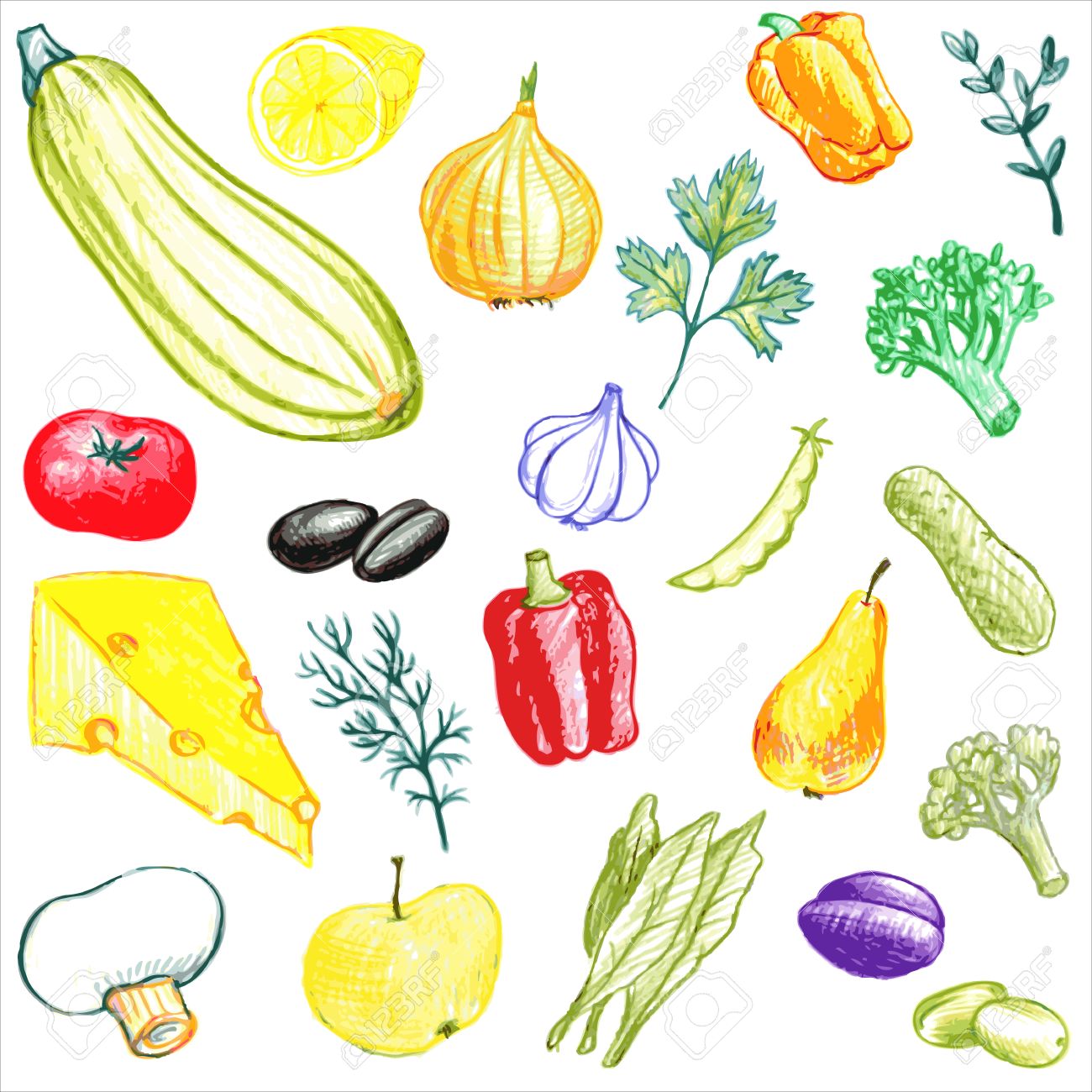 1300x1300 Vector Set Of Food Drawing By Color Pencil, Doodle Vegetables
