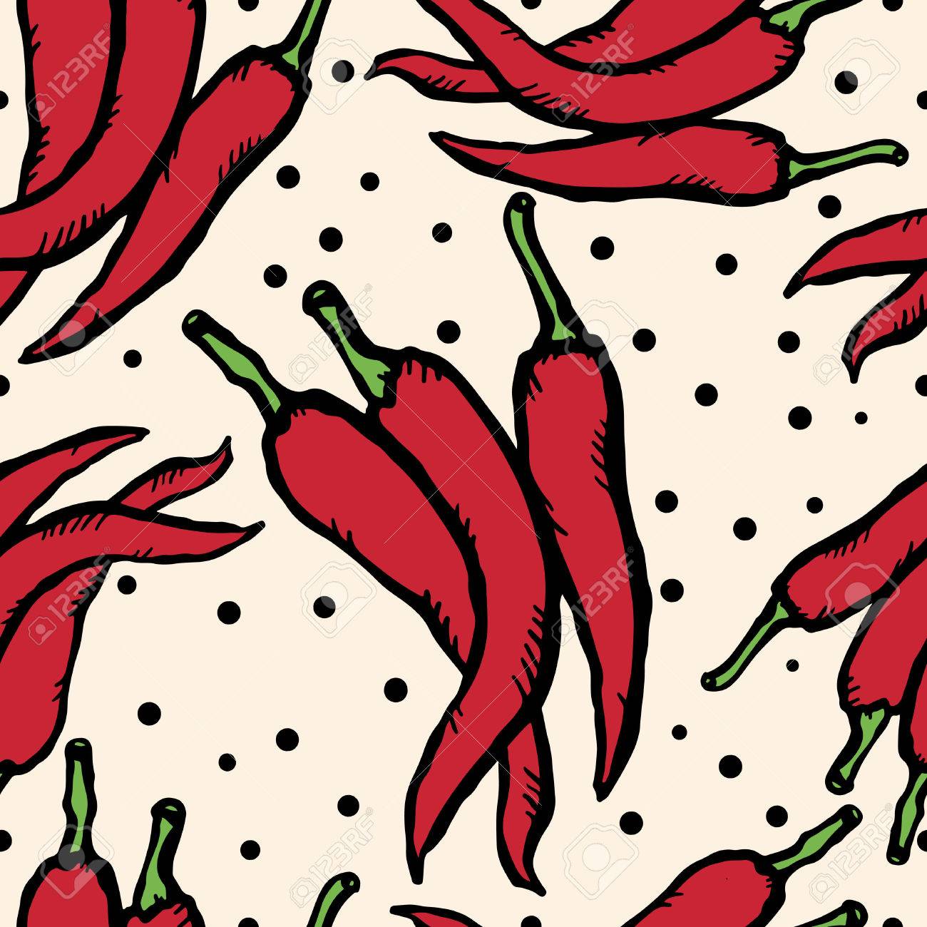 1300x1300 Red Hot Chili Pepper Doodle, Cartoon Drawing Illustration Seamless
