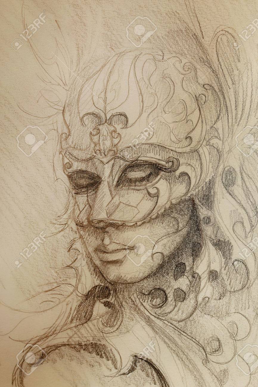 866x1300 Pencil Drawing On Paper, Woman In Ornamental Venetian Mask Stock