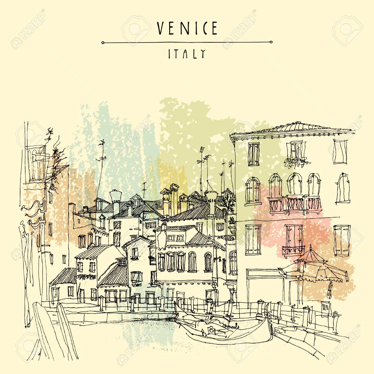 1300x1300 Gondola In Venice, Italy, Europe. Vector Hand Drawn Vintage