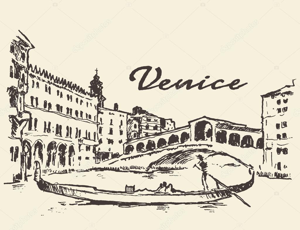 1024x786 Streets Venice Italy Gondola Illustration Drawn Stock Vector