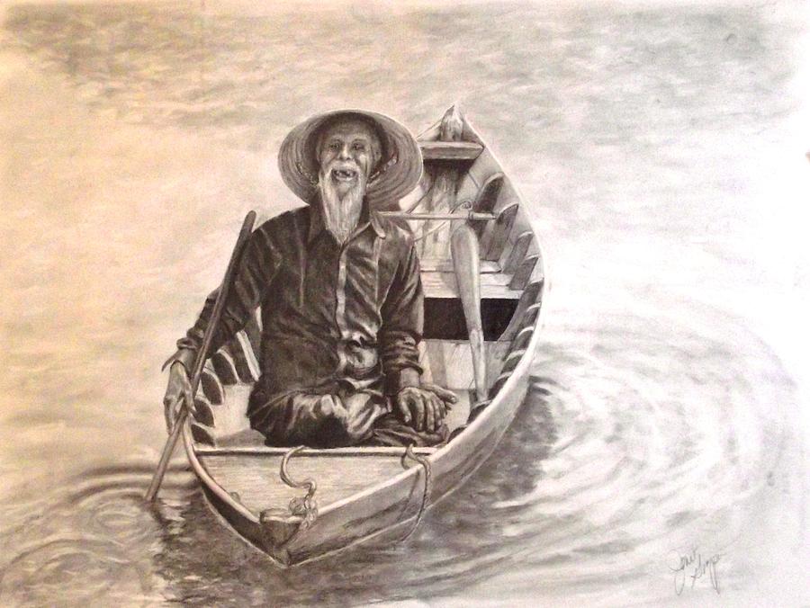 900x676 Old Man In A Boat Hoi An Vietnam Drawing By Janet Grappin