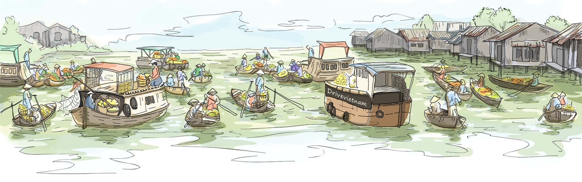 1920x600 Floating Market Drawing Banner Drive Vietnam