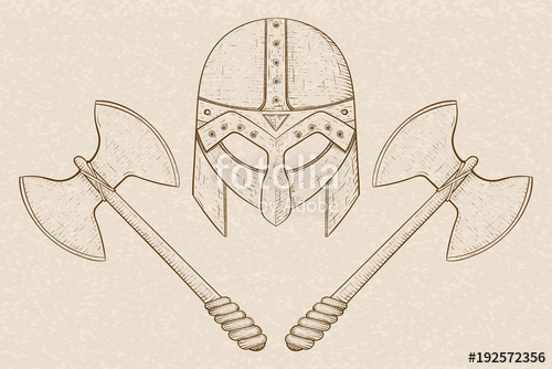 500x334 Viking Helmet With Axes. Hand Drawn Sketch On Beige Background
