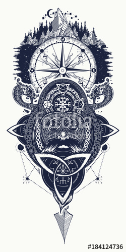 250x500 Viking Warrior, Compass And Mountains Tattoo. Northern Warrior, T