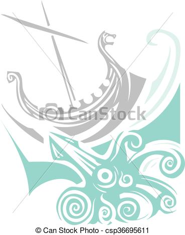 369x470 Woodcut Style Image Of A Viking Longship Sailing Into