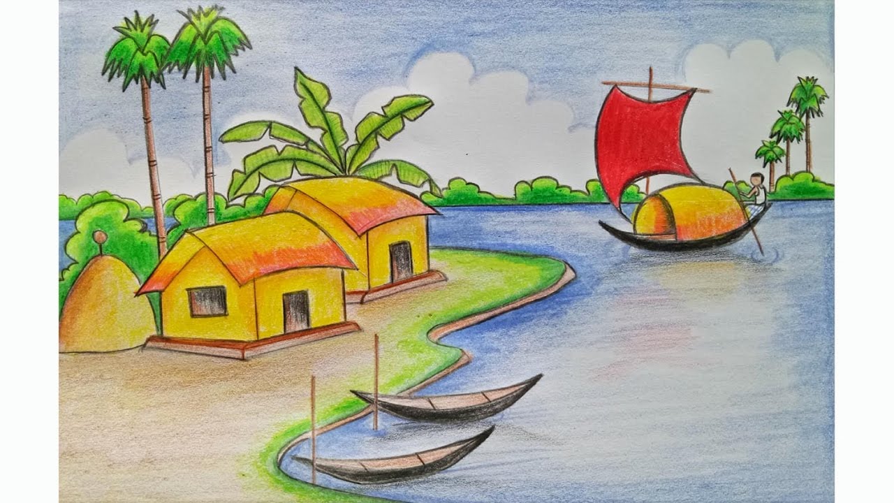 1280x720 Drawing Village Scenery Without Colour How To Draw A Village