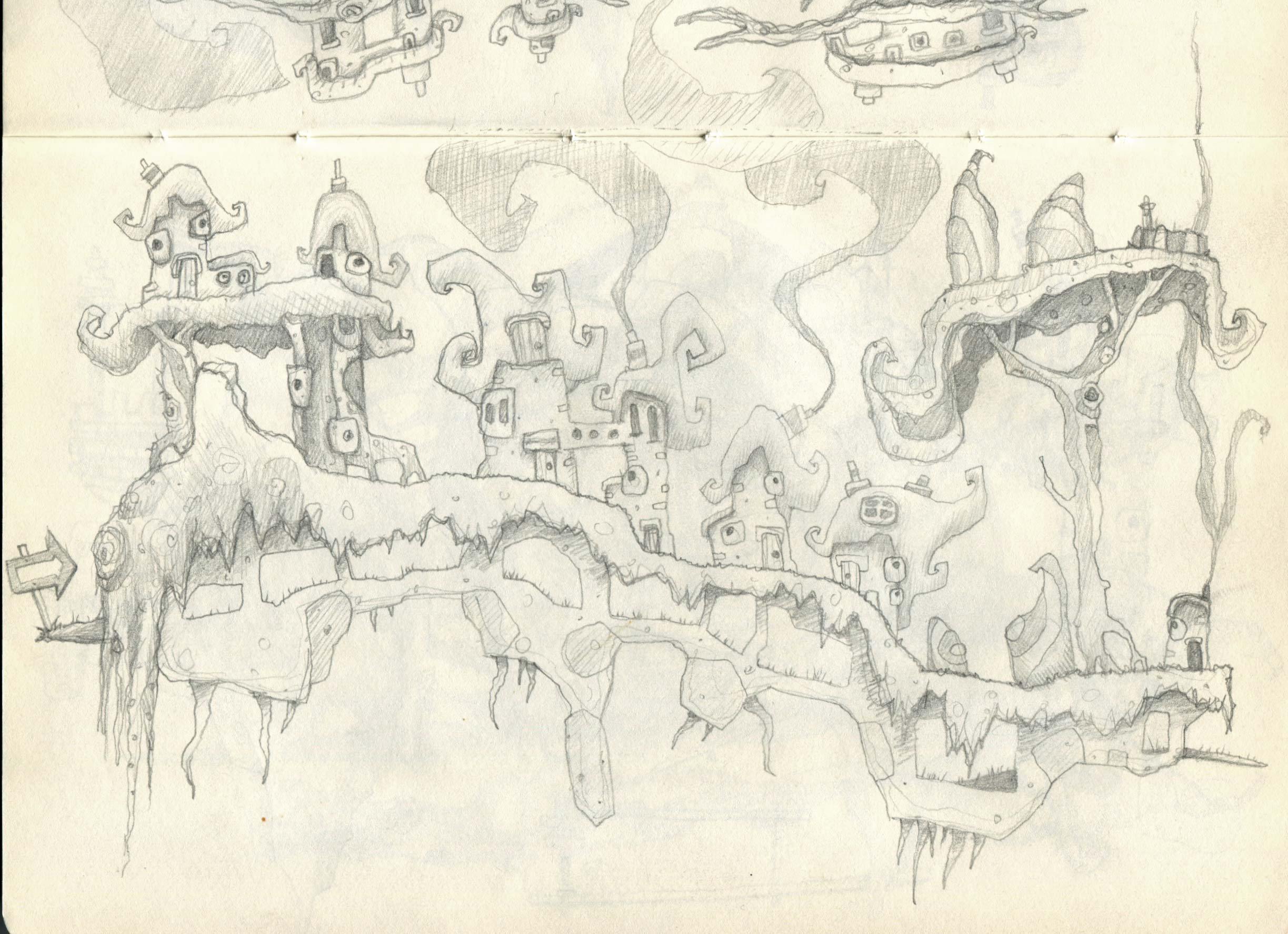 2447x1774 Curly House Village Smokey Chimneys Platform Game Design Sketch