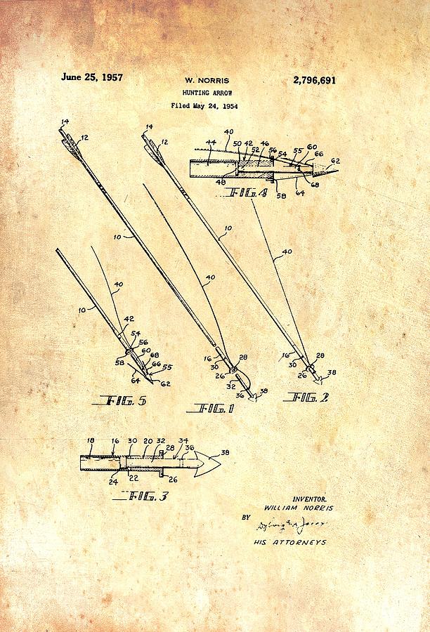 612x900 Vintage Hunting Arrow Patent Drawing By Mountain Dreams