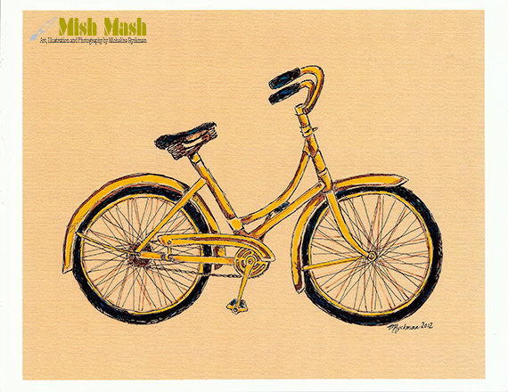 570x440 Bike Drawing, Vintage Bicycle, Art Print, Affordable Wall Hanging
