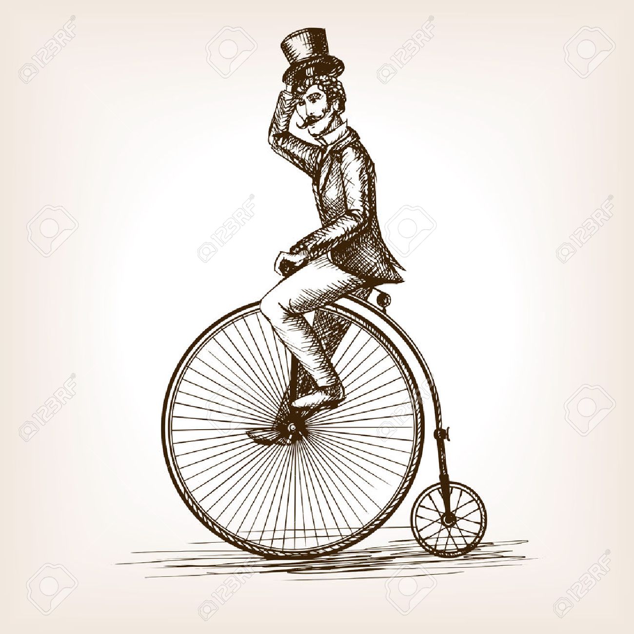 1300x1300 Man On Retro Vintage Old Bicycle Sketch Style Vector Illustration