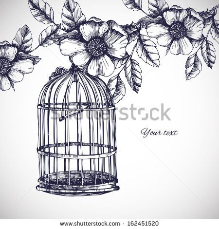 450x470 Vintage Birdcage And Flowers Drawing