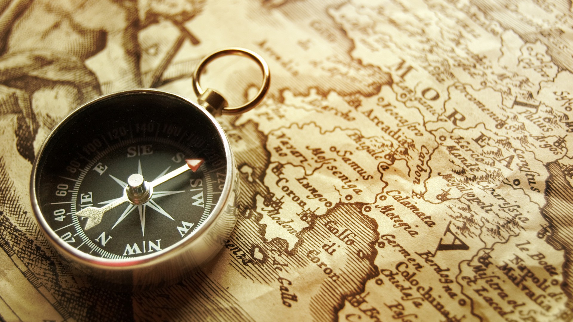 1920x1080 Wallpaper Drawing, Old, Map, Vintage, Compass, Hand, Close Up