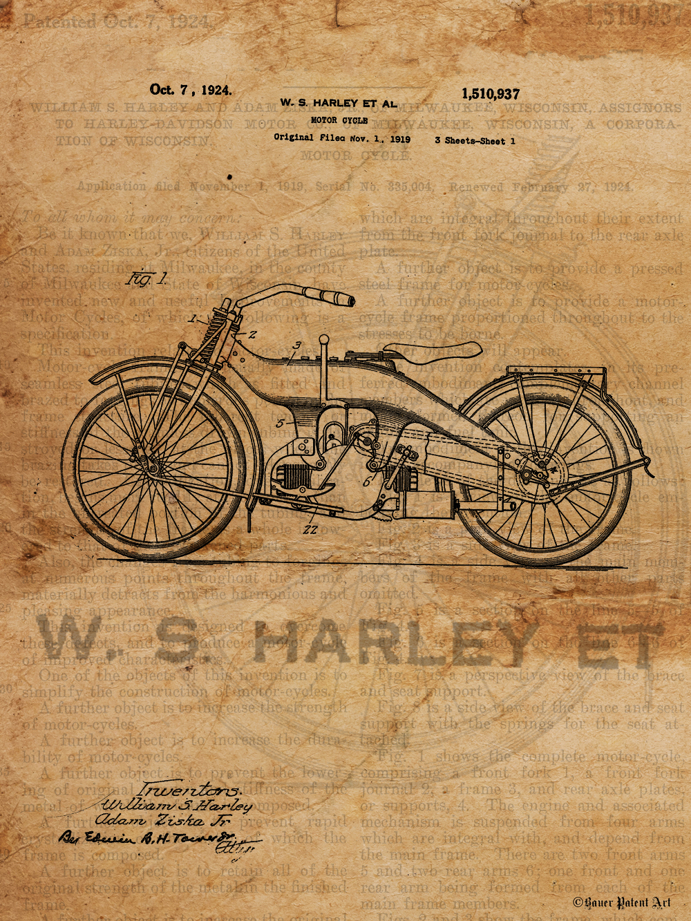 1000x1333 Vintage Patent Drawing Art Of Old Harley Davidson Motorcycle