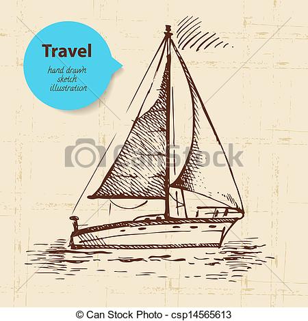 450x470 Vintage Travel Background With Boat. Hand Drawn Illustration