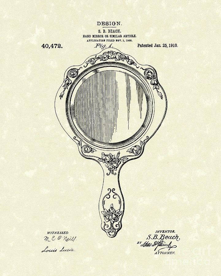 720x900 Beach Hand Mirror 1910 Patent Art Drawing By Prior Art Design