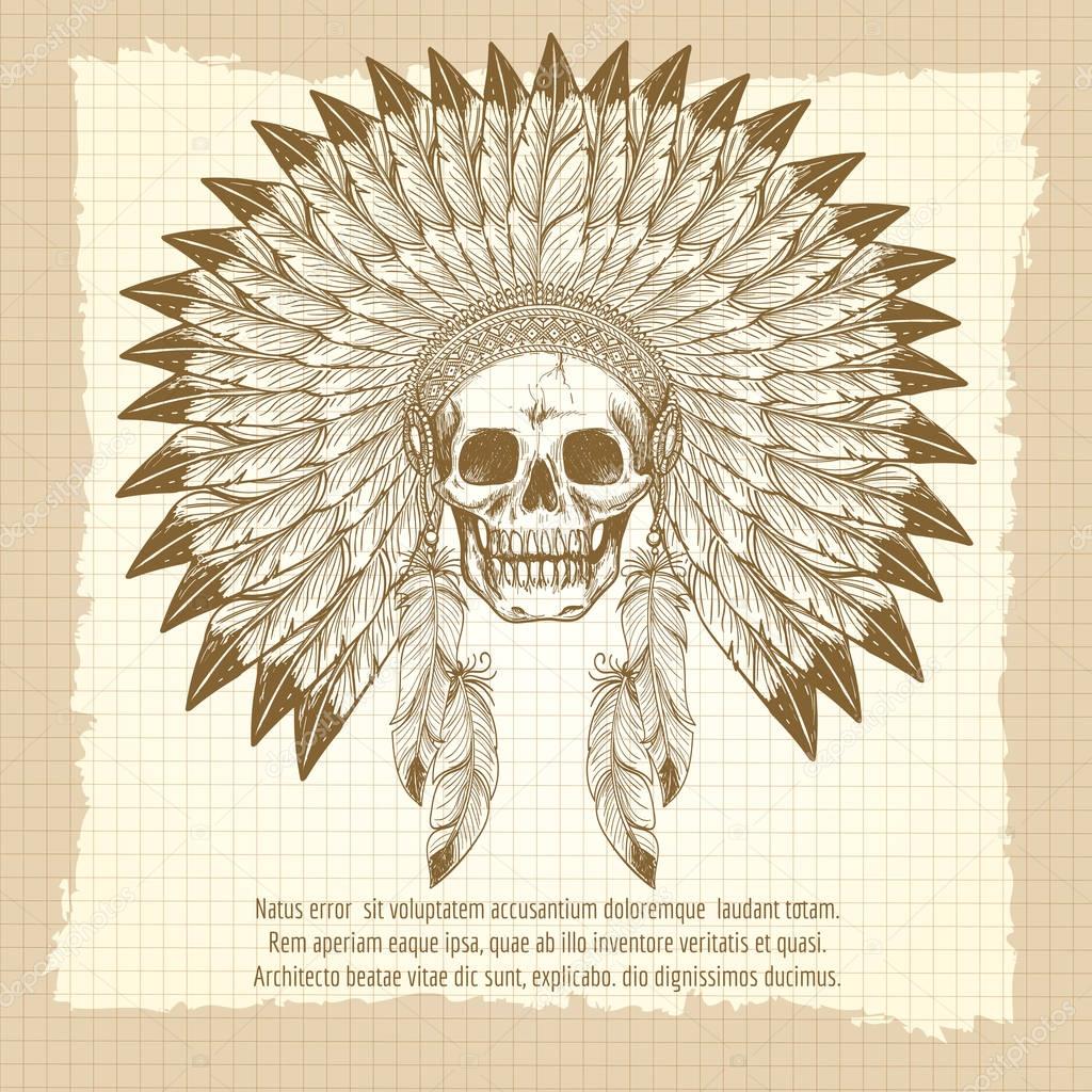 1024x1024 Vintage Skull In Feathers Headdress Poster Stock Vector
