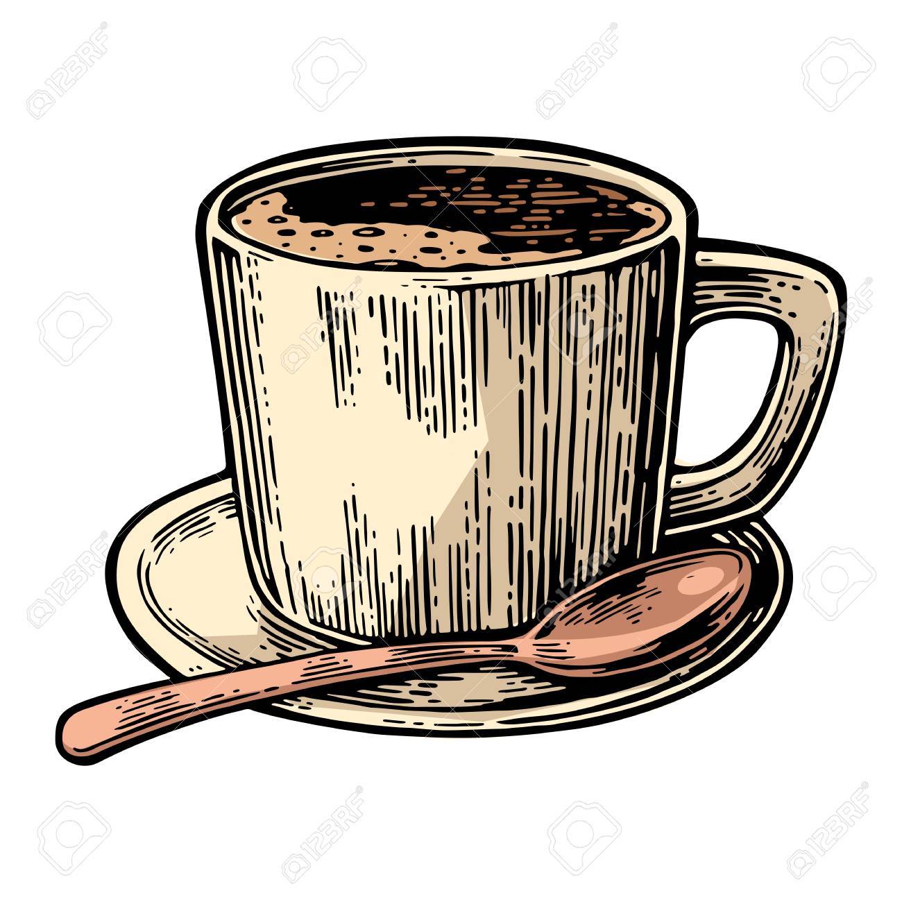 1300x1300 Cup Of Coffee With Saucer, Spoon. Hand Drawn Sketch Style. Vintage