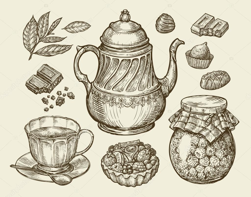 1024x801 Food, Tea, Dessert. Hand Drawn Vintage Teapot, Kettle, Cup