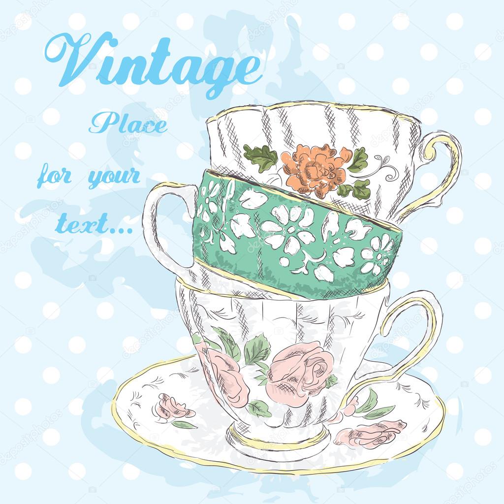1024x1024 Hand Drawing Vintage Cups. Vintage Postcard. Stock Vector