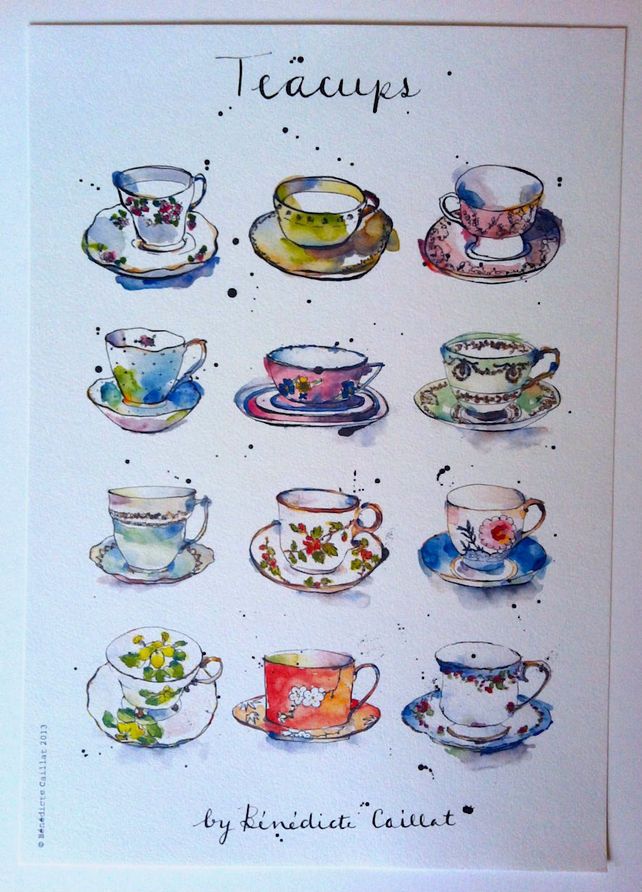 642x892 Vintage Teacups Art Print From Original Ink And Watercolour