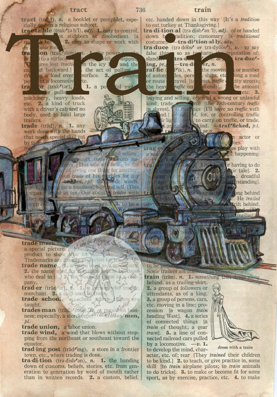 570x817 Print Vintage Train Mixed Media Drawing On Distressed, Dictionary