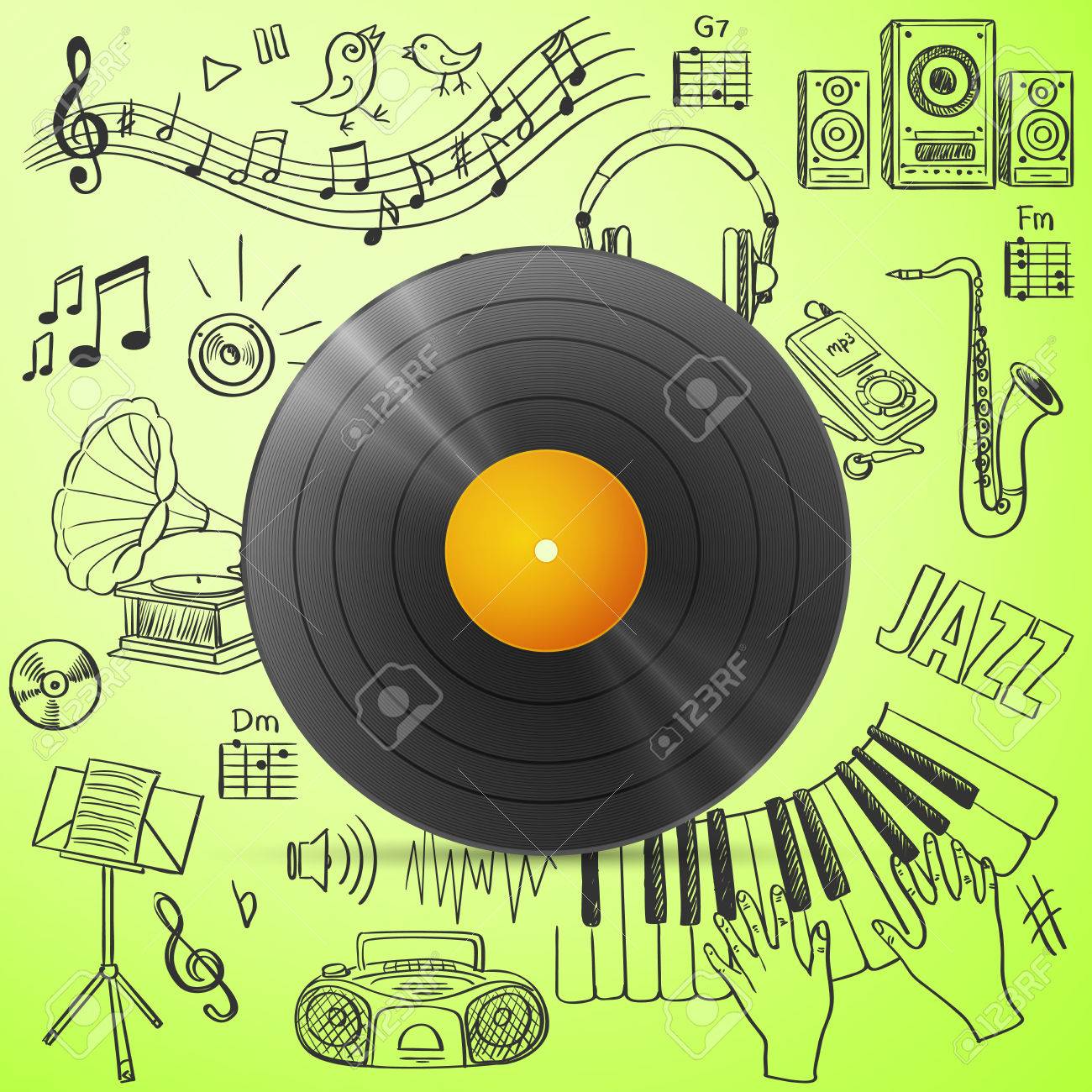 1300x1300 Black Vinyl Record And Hand Draw Misic Icon, Excellent Vector