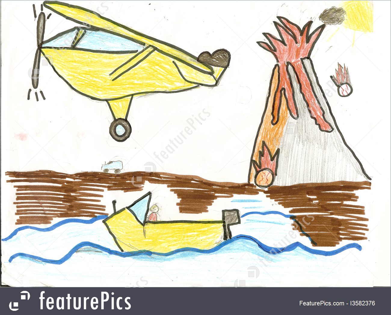 1300x1048 Child's Drawing Of A Volcano With Plane, Boat And Car Photo