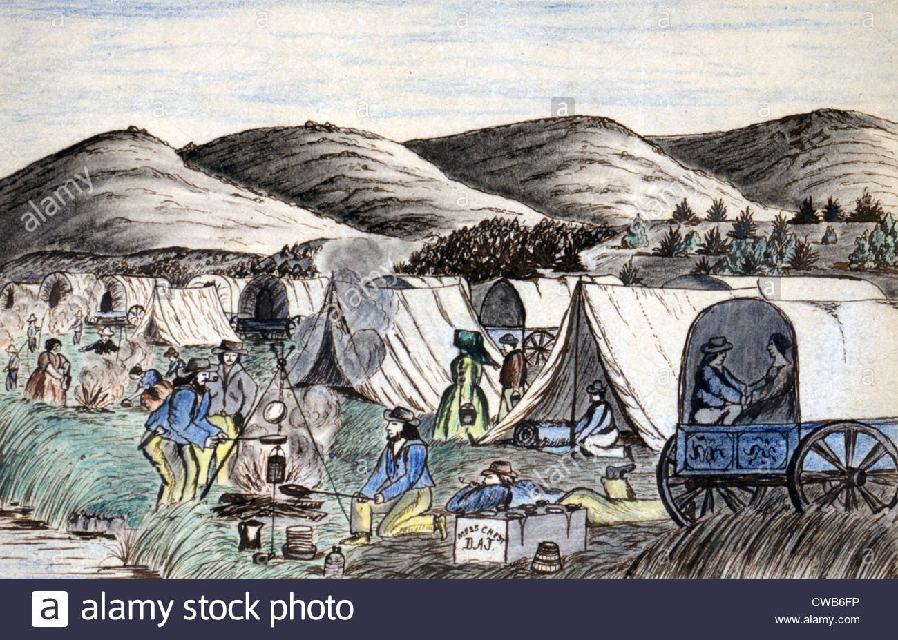 1300x927 Wagon Train To West. A Wagon Train Of Settlers Camps On