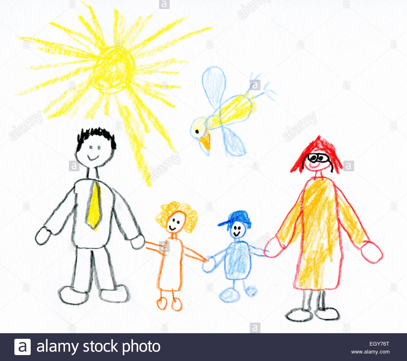 1300x1155 Children's Drawing Of Happy Family Taking A Walk In Nature Stock