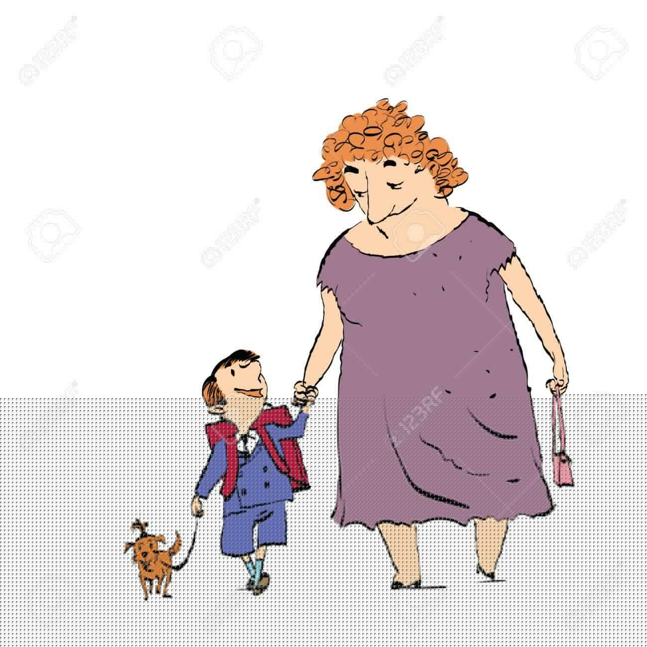 1300x1300 Grandma, Grandson And Dog On A Walk. Color Sketch Drawing.