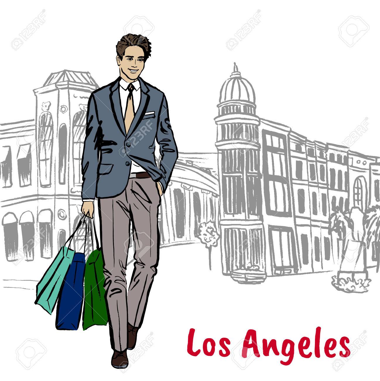1298x1300 Walking Man With Shopping Bags In Los Angeles. Hand Drawn