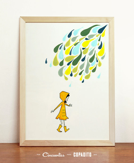 570x691 Little Yellow Raincoat Art Drawing Print Poster Girl And Colored