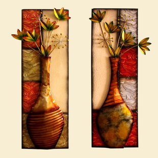 310x310 Vintage Colored Drawing Lotus Flower Vase Metal Rectangle Wall Art
