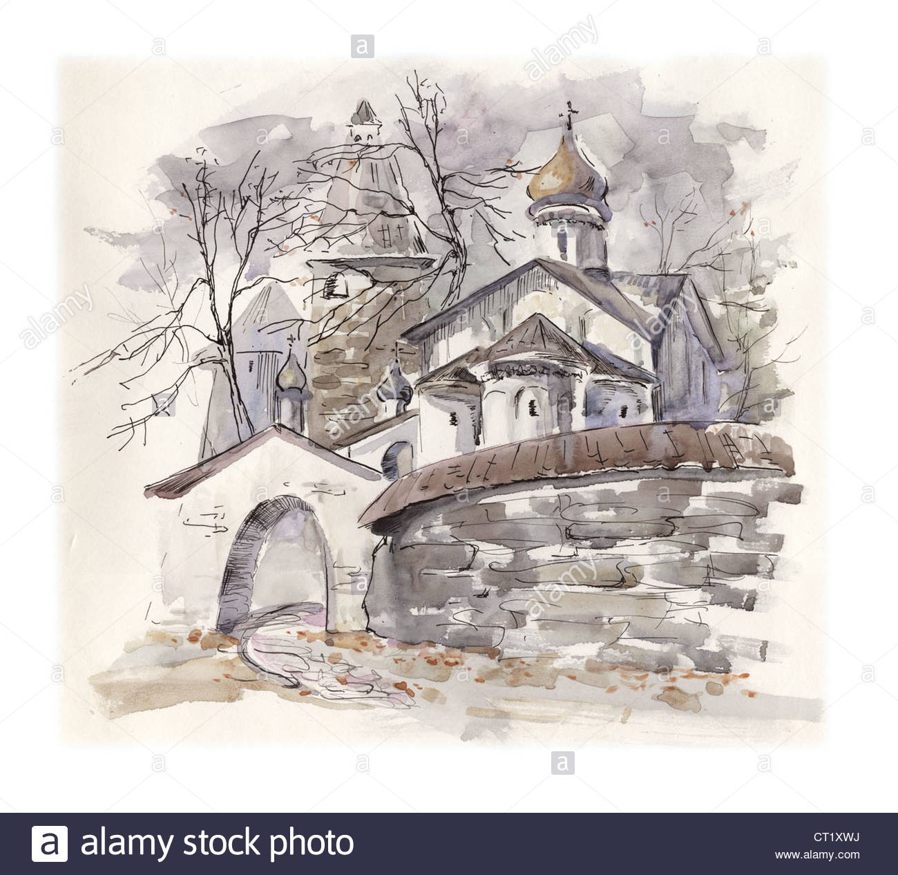 1300x1266 Drawing Of Walls, Towers And Church Of The Russian Old Town. Pskov