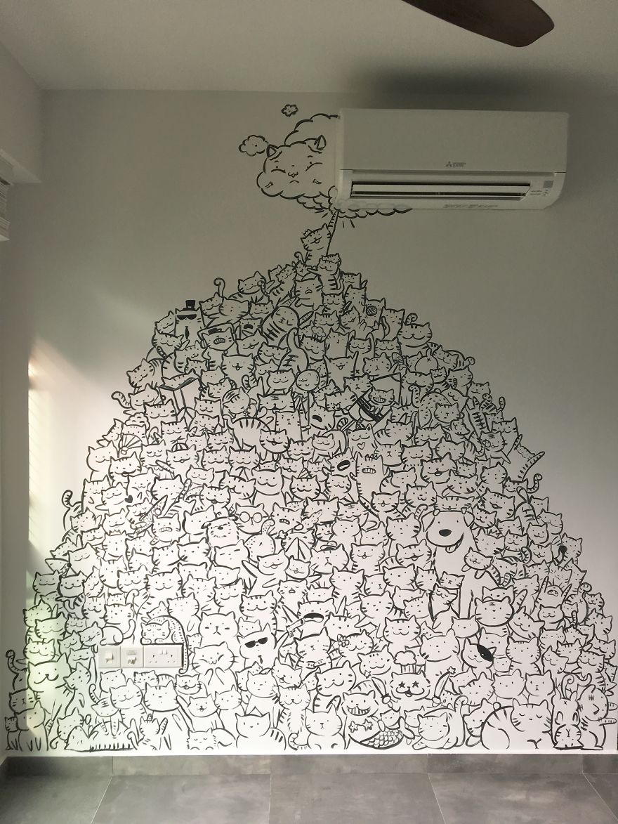 880x1173 I Painted A Mountain Of Cats On A Blank Wall To Bring It To Life