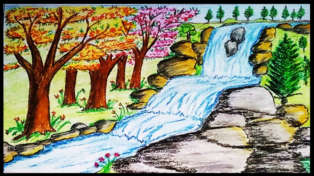 1280x720 How To Draw Scenery Of Stream Waterfall Easily