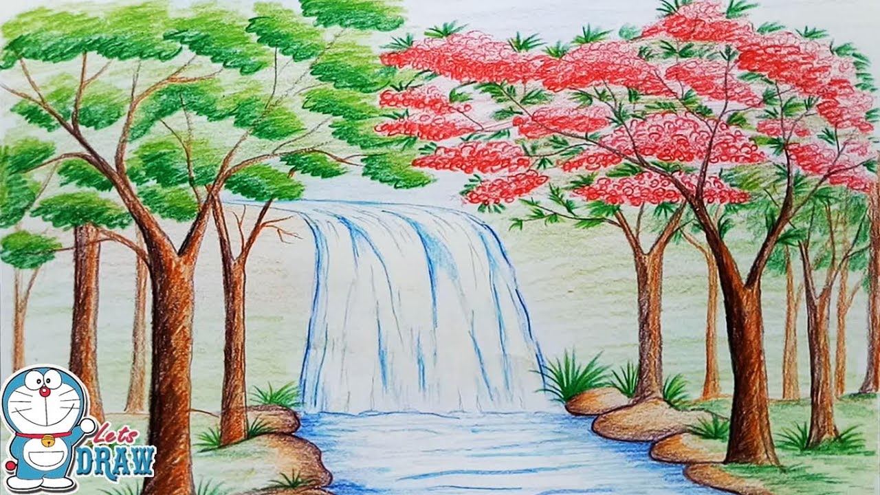 1280x720 How To Draw Scenery Of Stream Waterfall Step By Step