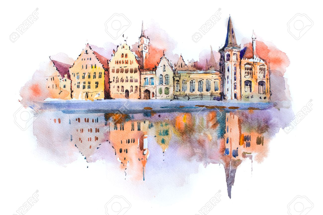 1300x867 Bruges Cityscape Watercolor Drawing, Belgium. Brugge Canal